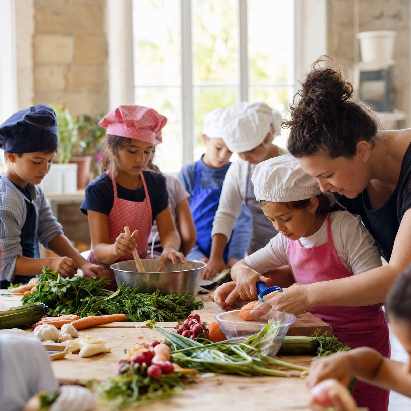 Enfants en tablier préparant des plats dans une cuisine communautaire