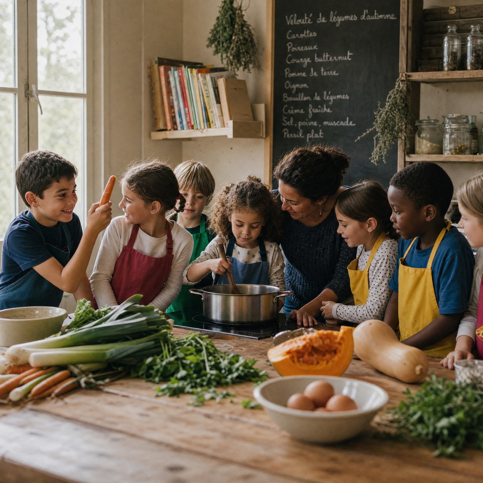 Enfants en tablier préparant des plats nantais dans une cuisine lumineuse